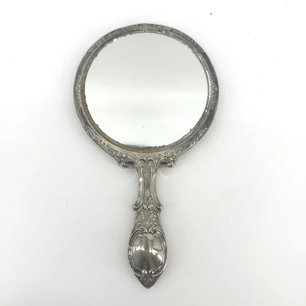 Vintage Hand Mirror Women OS Silver Ornate Floral Repousse Victorian Style